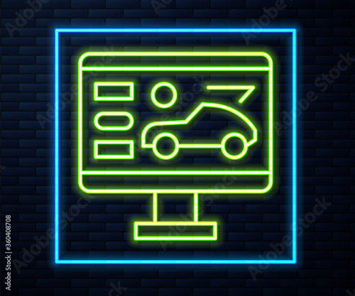 Glowing neon line Hardware diagnostics condition of car icon isolated on brick wall background. Car service and repair parts. Vector Illustration.