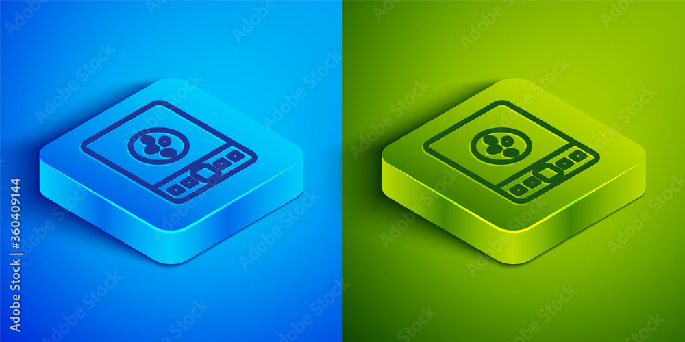 Isometric line Electronic coffee scales icon isolated on blue and green background. Weight measure equipment. Square button. Vector Illustration. Isometric line Electronic coffee scales icon isolated on blue and green background. Weight measure equipment. Square button. Vector Illustration.
