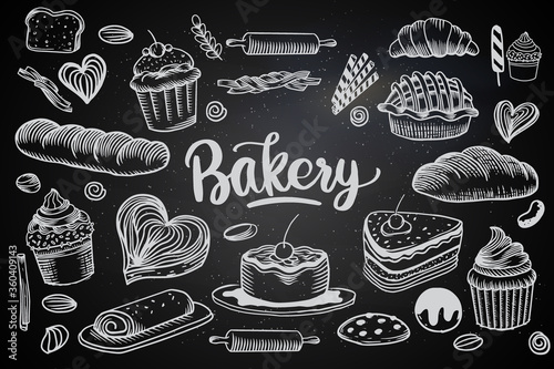 Set of drawings bakery theme. cakes, pies, Bread and pastry collection. Bread house. vector black and white sketch illustration isolated on white background