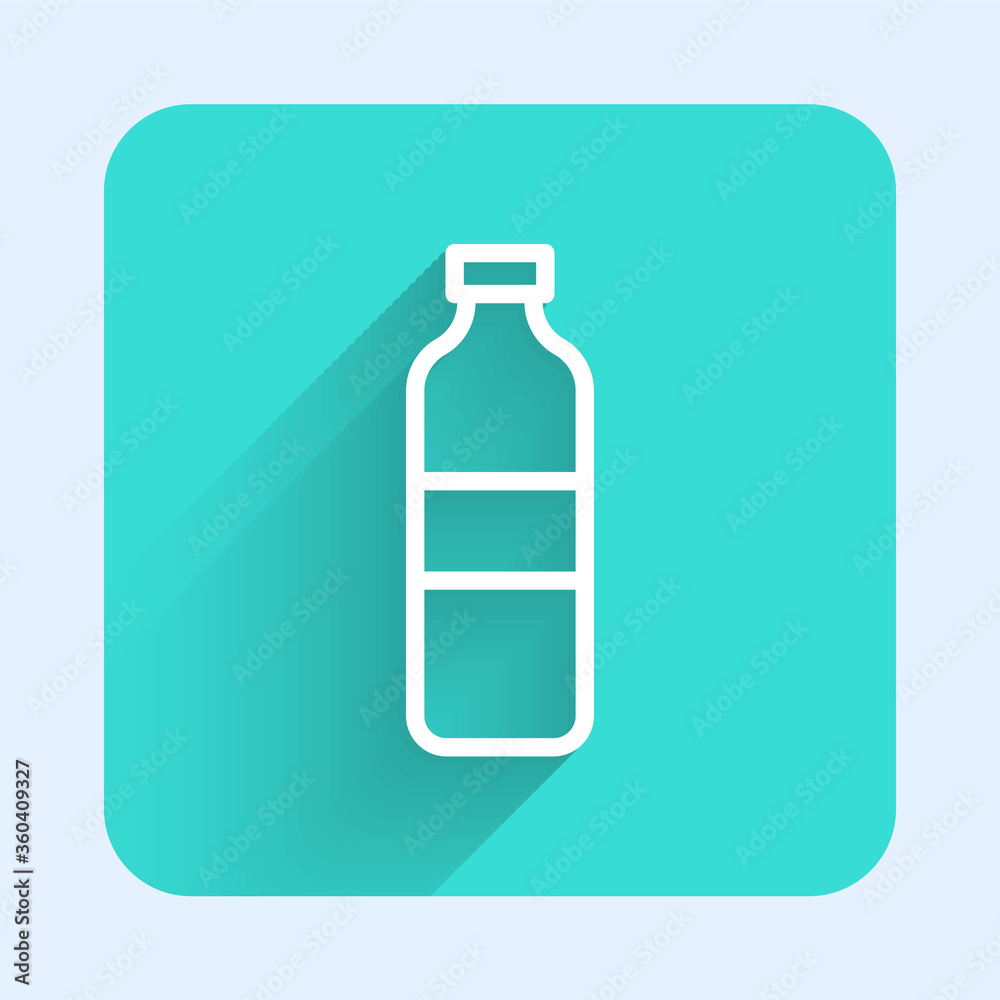 White line Bottle of water icon isolated with long shadow. Soda aqua drink sign. Green square button. Vector Illustration. White line Bottle of water icon isolated with long shadow. Soda aqua drink sign. Green square button. Vector Illustration.