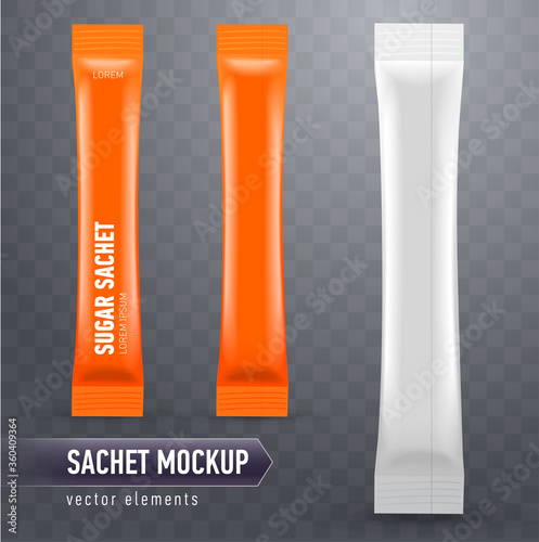 Realistic mock up of stick sachets. Front and back view. Blank packaging for cosmetic or food product. Template for your design, ready to use. Vector illustration isolated on transparent background.