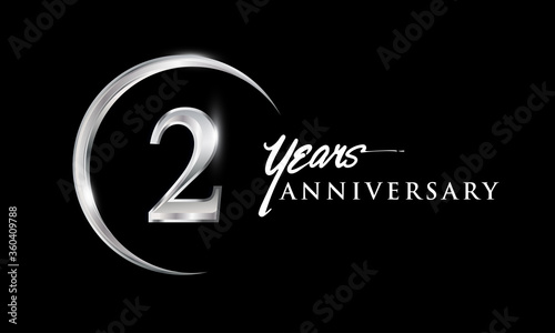 2nd years anniversary celebration. Anniversary logo with silver ring elegant design isolated on black background, vector design for celebration, invitation card, and greeting card