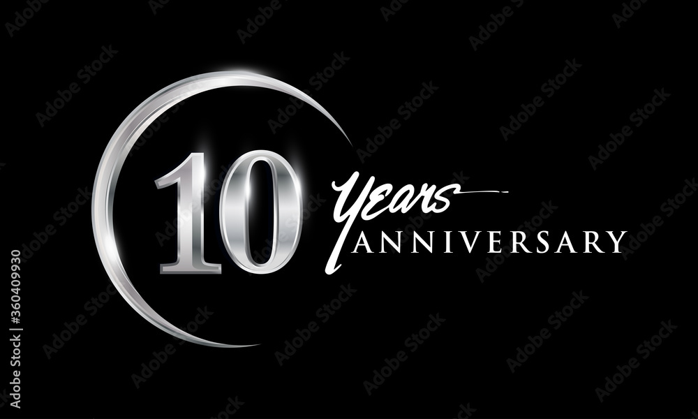 Obraz premium 10th years anniversary celebration. Anniversary logo with silver ring elegant design isolated on black background, vector design for celebration, invitation card, and greeting card