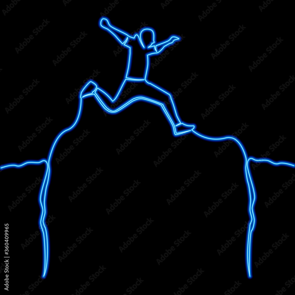 Continuous line man jumping over cliff neon