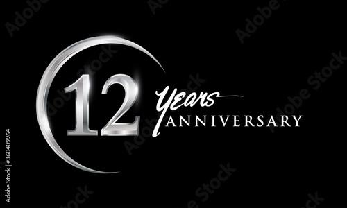 12th years anniversary celebration. Anniversary logo with silver ring elegant design isolated on black background, vector design for celebration, invitation card, and greeting card