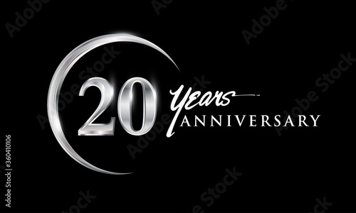 20th years anniversary celebration. Anniversary logo with silver ring elegant design isolated on black background, vector design for celebration, invitation card, and greeting card