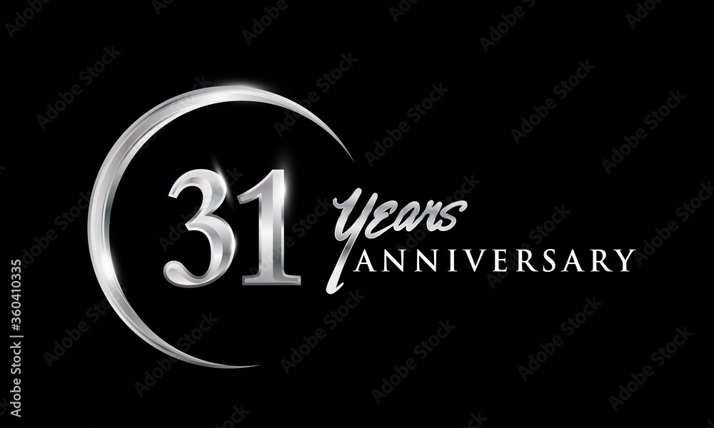 31st years anniversary celebration. Anniversary logo with silver ring elegant design isolated on black background, vector design for celebration, invitation card, and greeting card