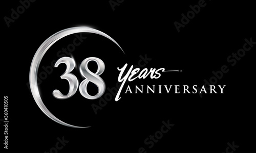38th years anniversary celebration. Anniversary logo with silver ring elegant design isolated on black background, vector design for celebration, invitation card, and greeting card