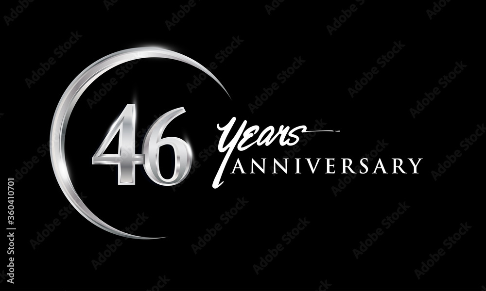 46th years anniversary celebration. Anniversary logo with silver ring elegant design isolated on black background, vector design for celebration, invitation card, and greeting card
