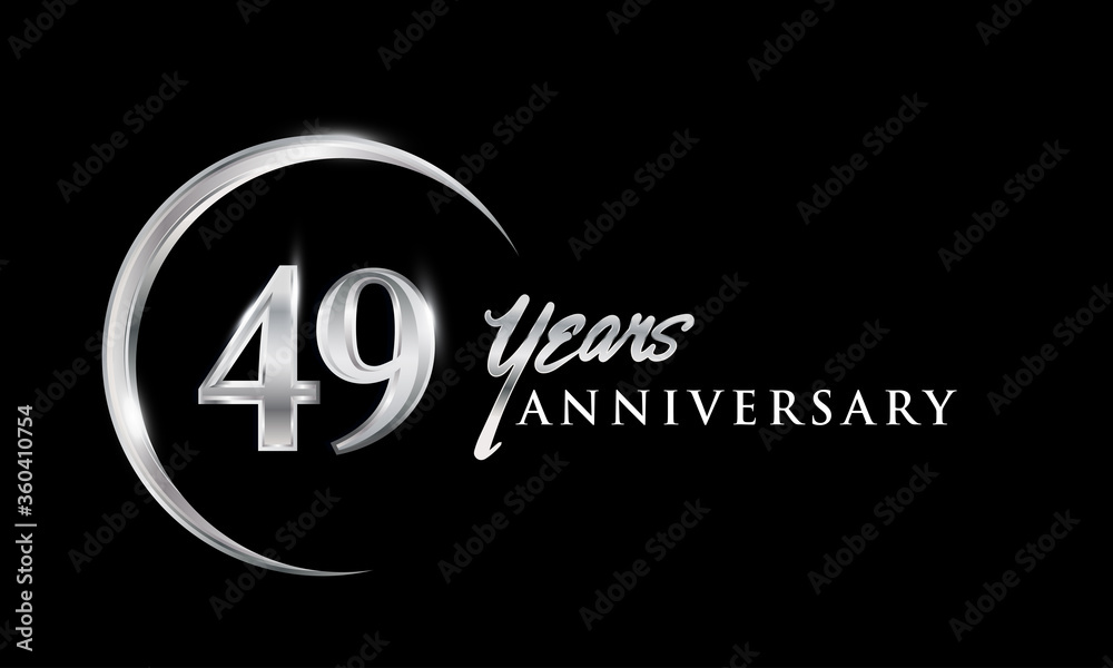 49th years anniversary celebration. Anniversary logo with silver ring elegant design isolated on black background, vector design for celebration, invitation card, and greeting card