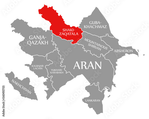 Shaki-Zaqatala red highlighted in map of Azerbaijan