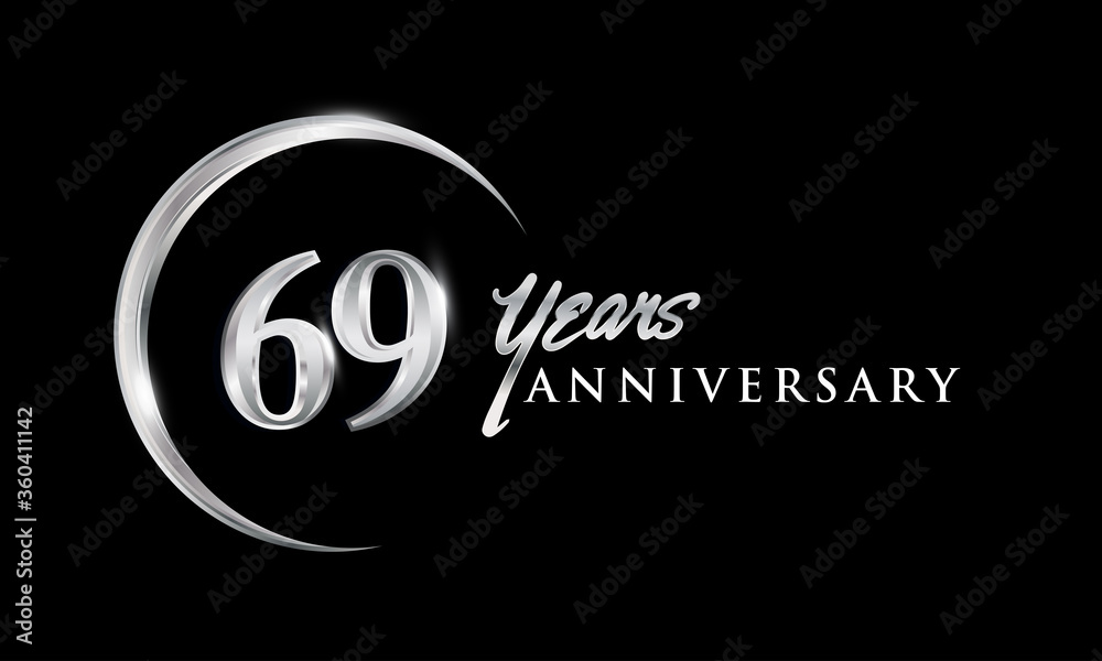 69th years anniversary celebration. Anniversary logo with silver ring elegant design isolated on black background, vector design for celebration, invitation card, and greeting card