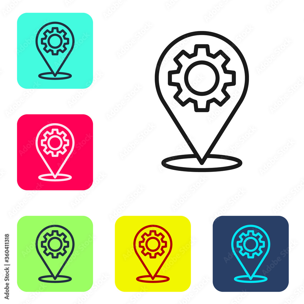 Black line Location with gear icon isolated on white background. Set icons in color square buttons. Vector Illustration. Black line Location with gear icon isolated on white background. Set icons in color square buttons. Vector Illustration.