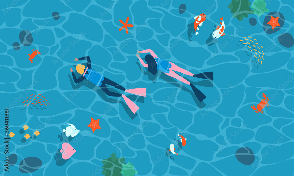 vector illustration Summer diving, snorkeling wallpaper or background in clear ocean water with cororful fish, crab, and sea stars - obrazy, fototapety, plakaty 