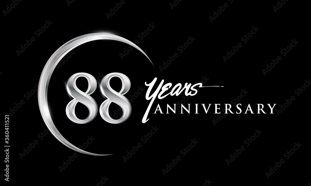 88th years anniversary celebration. Anniversary logo with silver ring elegant design isolated on black background, vector design for celebration, invitation card, and greeting card