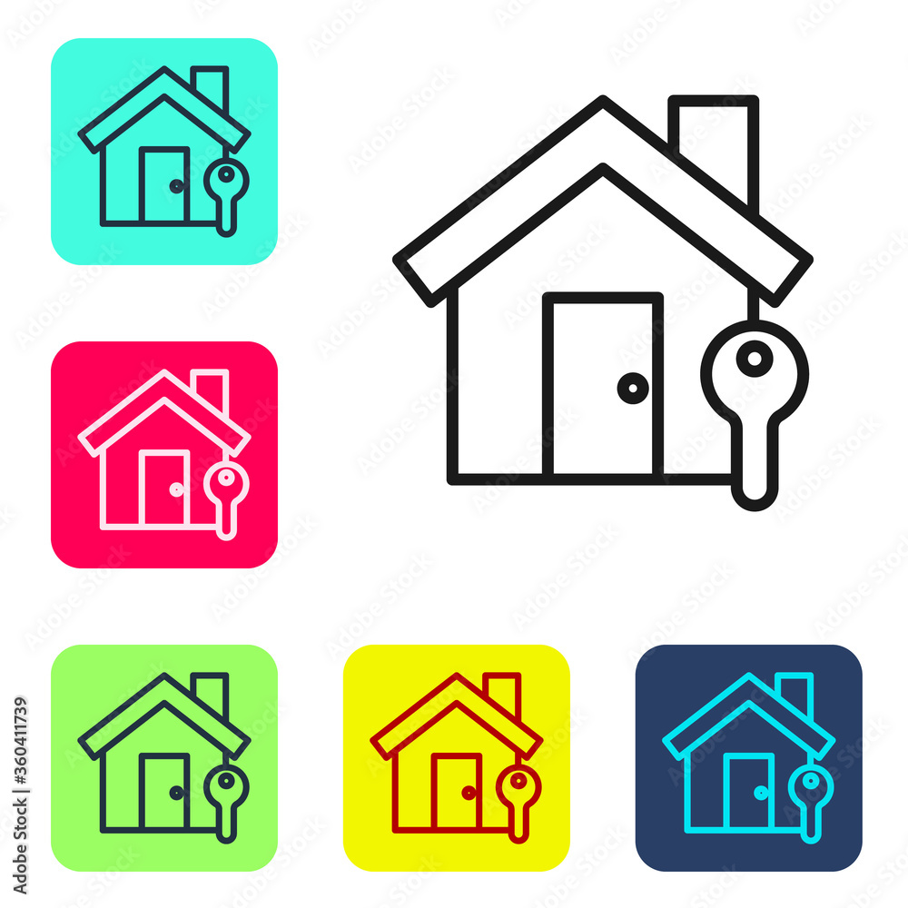 Black line House with key icon isolated on white background. The concept of the house turnkey. Set icons in color square buttons. Vector Illustration. Black line House with key icon isolated on white background. The concept of the house turnkey. Set icons in color square buttons. Vector Illustration.