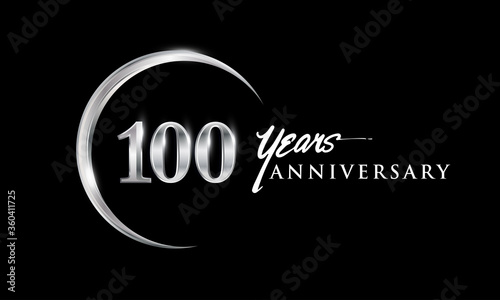 100th years anniversary celebration. Anniversary logo with silver ring elegant design isolated on black background, vector design for celebration, invitation card, and greeting card