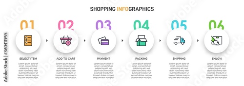 Concept of shopping process with 6 successive steps. Six colorful graphic elements. Timeline design for brochure, presentation, web site. Infographic design layout.