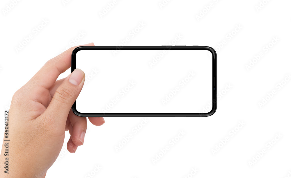 Left hand holding white mobile smartphone device Left hand holding white mobile smartphone device