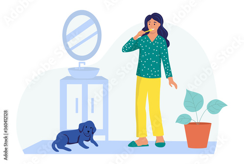 A young woman brushing her teeth in the bathroom.The concept of daily life, everyday leisure and work activities. Flat cartoon vector illustration.