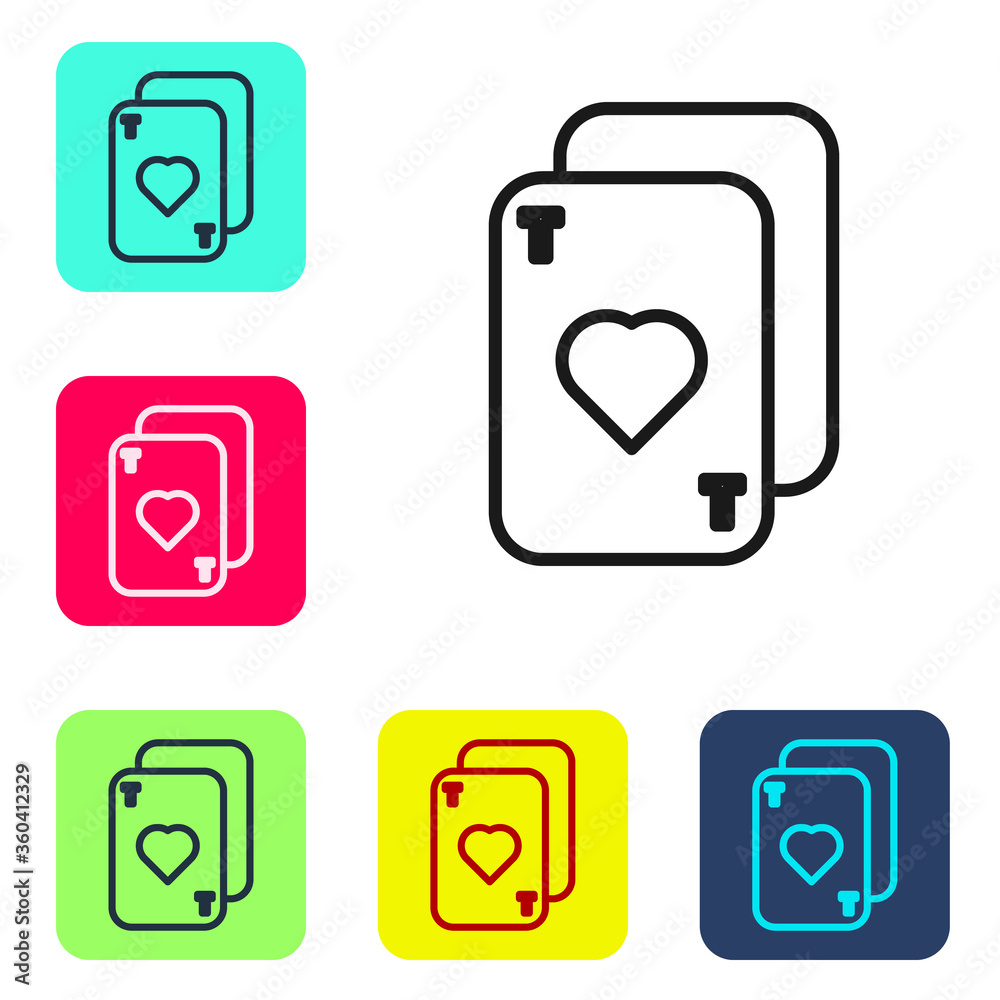 Black line Playing cards icon isolated on white background. Casino gambling. Set icons in color square buttons. Vector Illustration. Black line Playing cards icon isolated on white background. Casino gambling. Set icons in color square buttons. Vector Illustration.