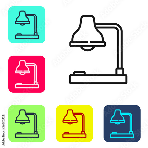 Black line Table lamp icon isolated on white background. Table office lamp. Set icons in color square buttons. Vector Illustration.