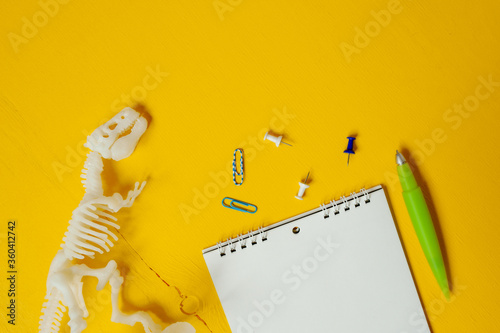 Plastic white dinosaur skeleton, Notepad, paper clips and pen. Set for studying and describing excavations of dinosaurs and ancient animals
