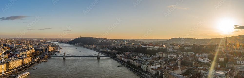 Panoramic aerial drone view of Danube River Buda Castle on hill