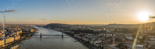 Panoramic aerial drone view of Danube River Buda Castle on hill