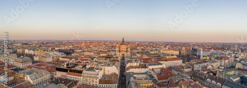 Panoramic aerial drone shot of St. Stephen Basilica during Budap