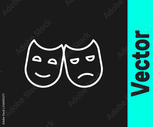 White line Comedy and tragedy theatrical masks icon isolated on black background. Vector Illustration.