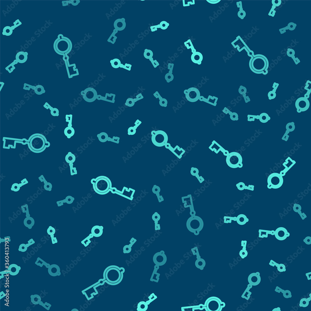 Green line Old key icon isolated seamless pattern on blue background. Vector Illustration.