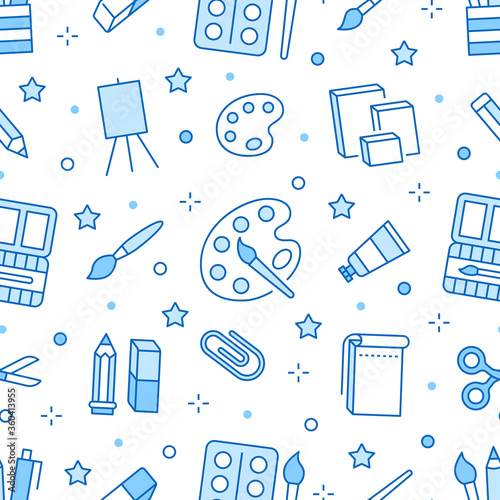 Stationery background, school tools seamless pattern. Art education wallpaper with line icons of pencil, pen, paintbrush, palette, notebook. Painter supplies vector illustration blue white color