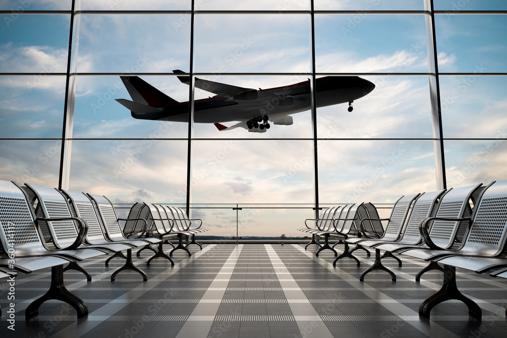 Empty airport terminal lounge with airplane on background. - obrazy, fototapety, plakaty 