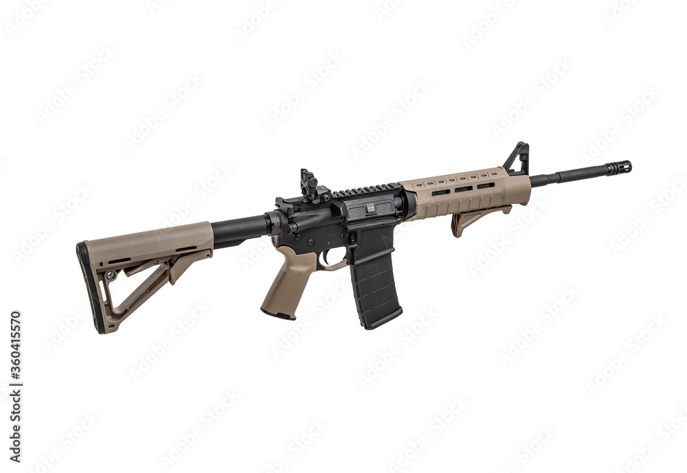 Modern automatic rifle isolated on white. Weapons for police, special forces and the army. Automatic carbine with mechanical sights. Modern automatic rifle isolated on white. Weapons for police, special forces and the army. Automatic carbine with mechanical sights.
