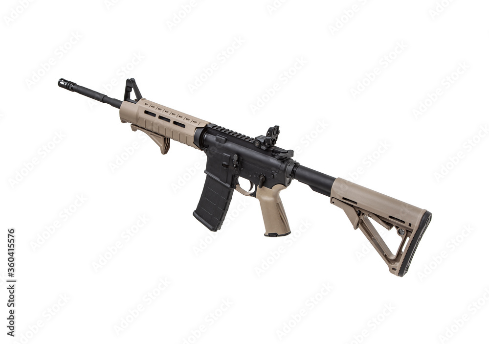 Modern automatic rifle isolated on white. Weapons for police, special forces and the army. Automatic carbine with mechanical sights. Modern automatic rifle isolated on white. Weapons for police, special forces and the army. Automatic carbine with mechanical sights.