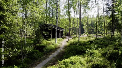Dolly shot on a path towards a cabin in the woods, by a small lake