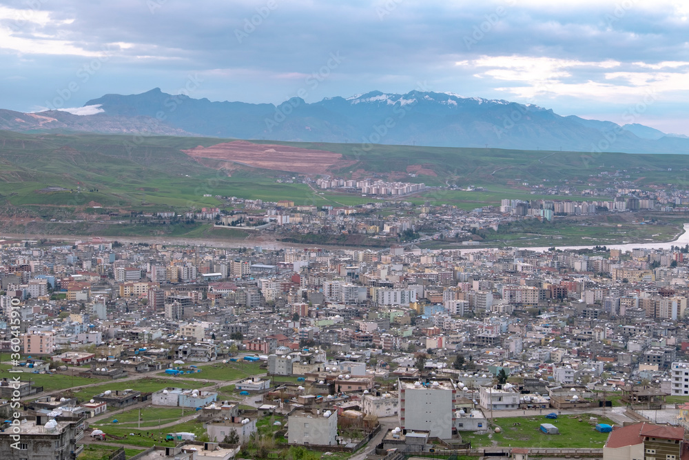 Cizre city view and cudi mountain. night view of the city of cizre. judi mountain. Mountain where Noah's Ark sits. cizre with tigris river