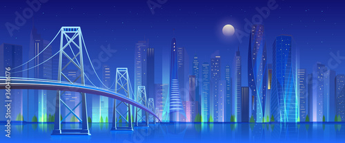City bridge at night vector illustration. Cartoon flat modern urban skyline, blue futuristic cityscape with skyscrapers in neon lights, illuminated bridge. Future nightlife landscape background
