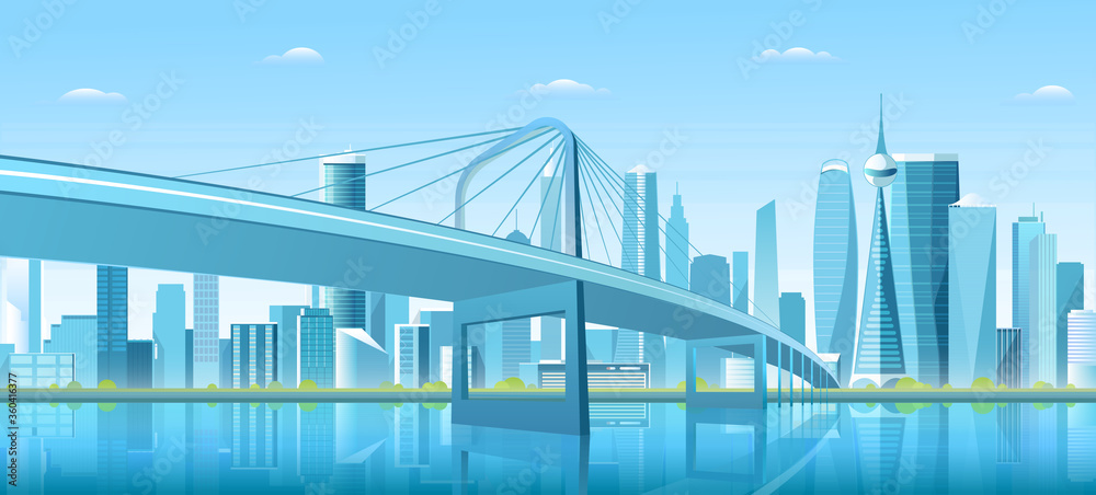 City bridge over water bay vector illustration. Cartoon flat modern new bridge to downtown futuristic metropolis, blue downtown cityscape with waterfront buildings, tower skyscrapers landscape view