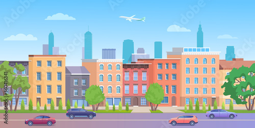 Architecture building in New York streets vector illustration. Cartoon flat urban NY skyline, panorama view of streetscape with classic facade brick houses, cars on road and empty sidewalk background