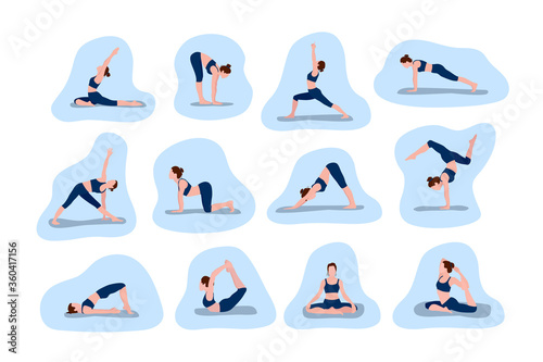 Set of vector illustrations depicting a sporty young woman doing yoga and fitness exercises. A collection of female characters demonstrating various yoga poses against a blue background.