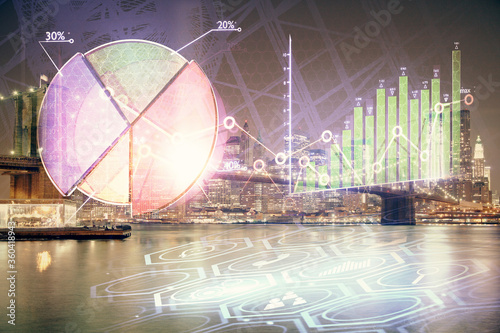 Financial chart on city scape with tall buildings background multi exposure. Analysis concept.