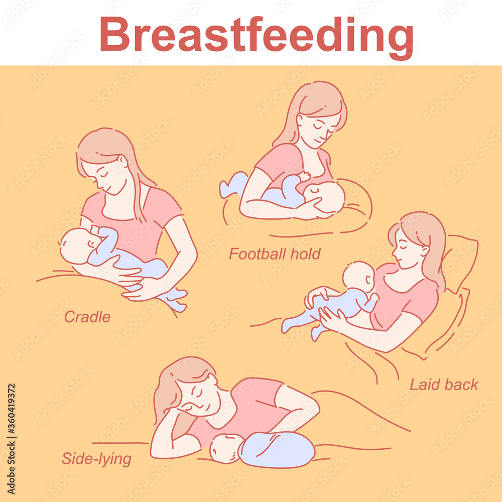 Breastfeeding positions set. Mother and baby together. Infographic for
