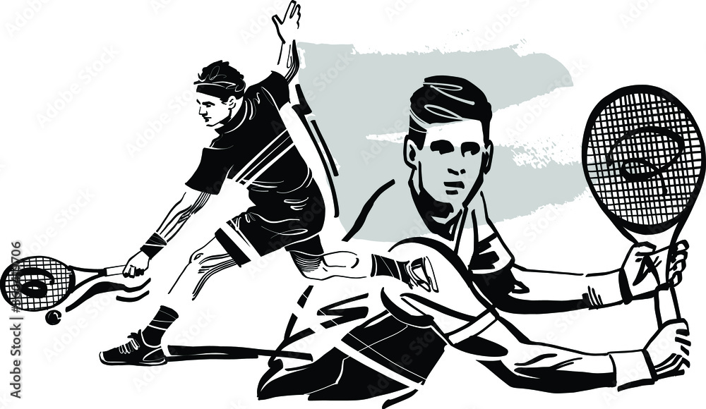 black and white cartoon illustration of a tennis player Stock Vector ...