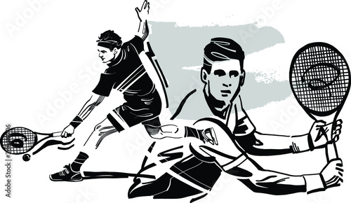 black and white cartoon illustration of a tennis player