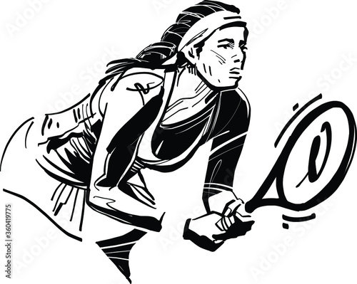 black and white cartoon illustration of a tennis player photo