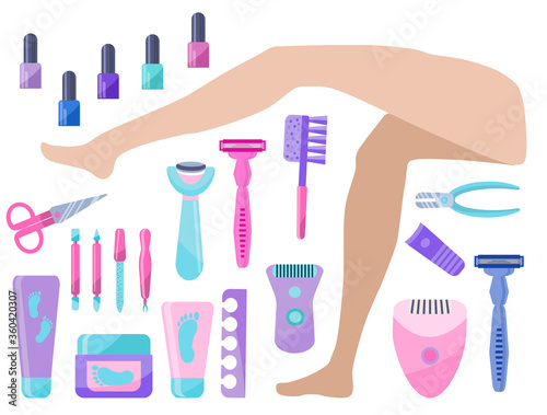 Vector illustration of beautiful slender female legs with a set of pedicure tools, foot creams, epilators isolated on a white background.Set of accessories for the beauty of women's legs.Cartoon style