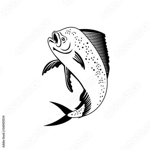 Dorado Dolphinfish or Mahi-mahi Jumping Up Retro Black and White