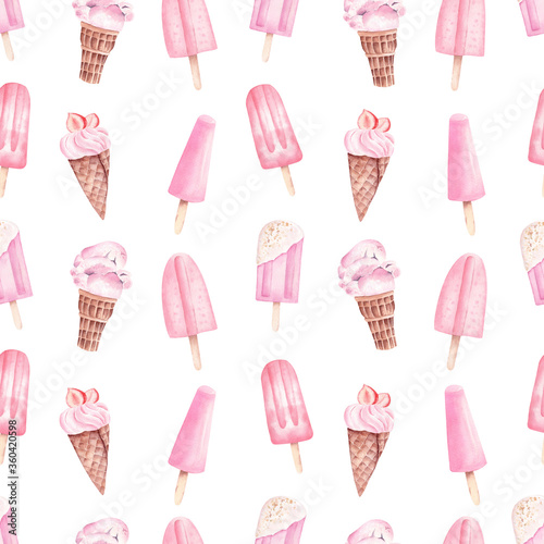 Summer pink ice cream popsicles digital paper. Watercolor seamless pattern summer illustration.